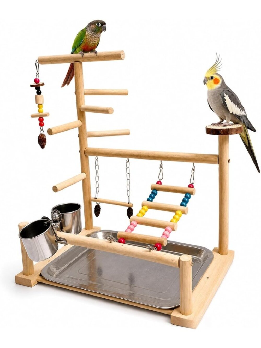 Natural Wood Bird Playground Stand with Ladder, Swing, Food & Water Bowls for